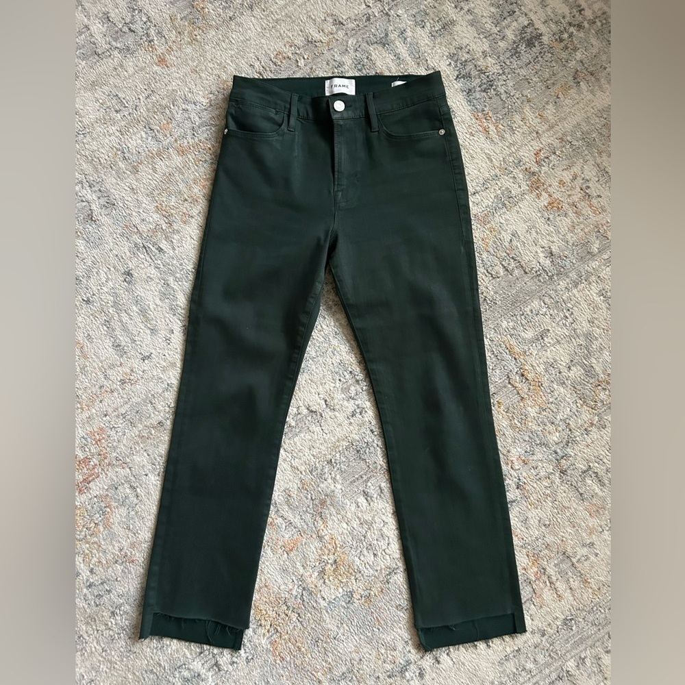 FRAME High-Waisted Cropped Jeans, Coated Wax Finish, Forest Green, size 29​​​